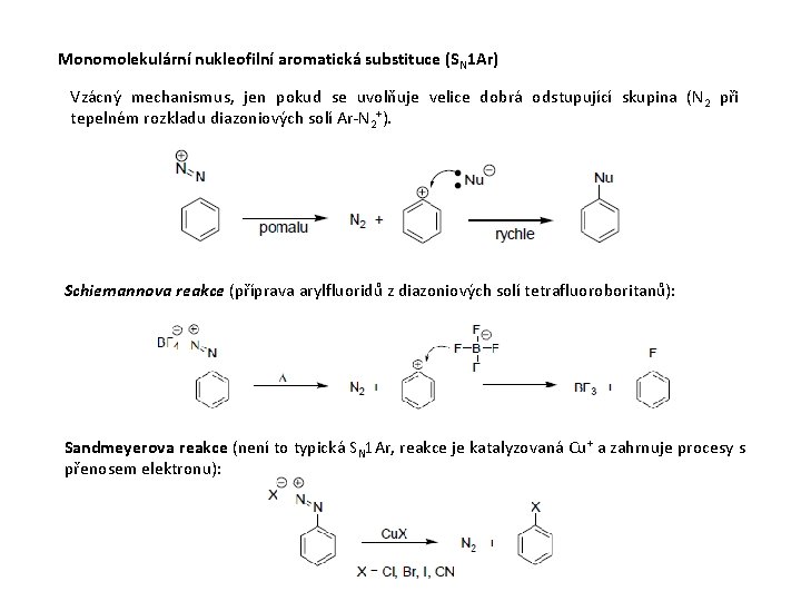 Monomolekulární nukleofilní aromatická substituce (SN 1 Ar) Vzácný mechanismus, jen pokud se uvolňuje velice