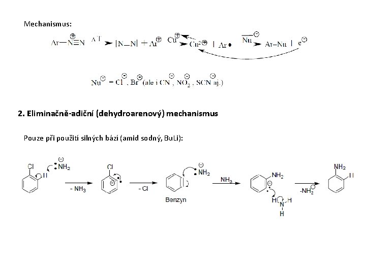 Mechanismus: 2. Eliminačně-adiční (dehydroarenový) mechanismus Pouze při použití silných bází (amid sodný, Bu. Li):