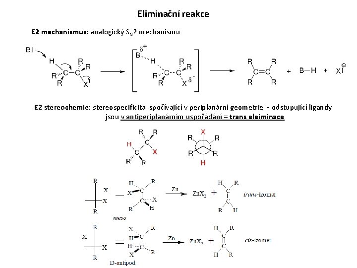 Eliminační reakce E 2 mechanismus: analogický SN 2 mechanismu E 2 stereochemie: stereospecificita spočívající