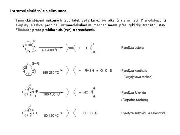 Intramolekulární cis eliminace Termické štěpení některých typu látek vede ke vzniku alkenů a eliminaci