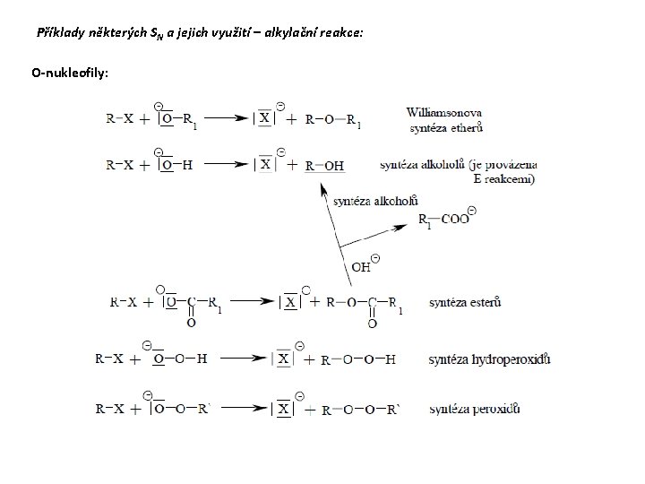 Příklady některých SN a jejich využití – alkylační reakce: O-nukleofily: 