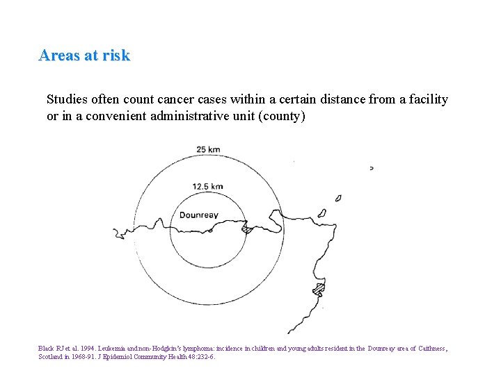 Areas at risk Studies often count cancer cases within a certain distance from a