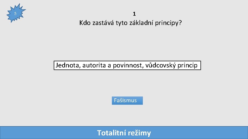 5 1 Kdo zastává tyto základní principy? Jednota, autorita a povinnost, vůdcovský princip Fašismus