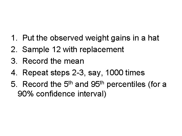 1. 2. 3. 4. 5. Put the observed weight gains in a hat Sample 1. 2. 3. 4. 5. Put the observed weight gains in a hat Sample