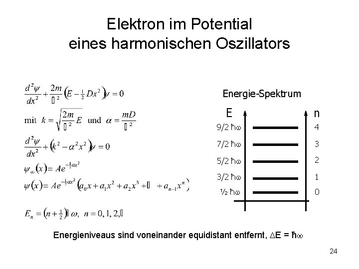 Elektron im Potential eines harmonischen Oszillators Energie-Spektrum E n 9/2 ħ 4 7/2 ħ Elektron im Potential eines harmonischen Oszillators Energie-Spektrum E n 9/2 ħ 4 7/2 ħ