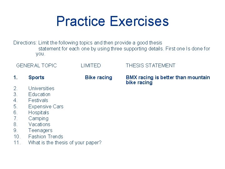 Practice Exercises Directions: Limit the following topics and then provide a good thesis statement