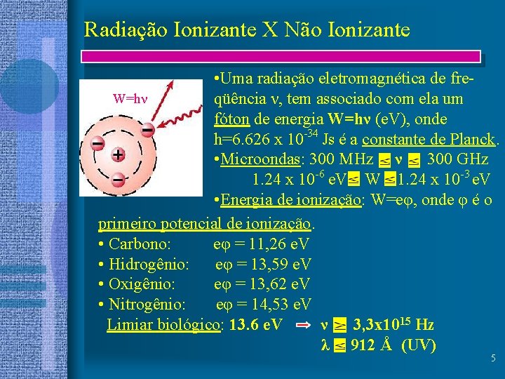 Radiação Ionizante X Não Ionizante • Uma radiação eletromagnética de fre. W=hν qüência ν,