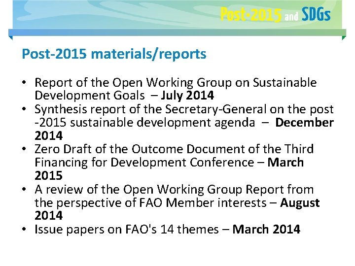 Post-2015 materials/reports • Report of the Open Working Group on Sustainable Development Goals –