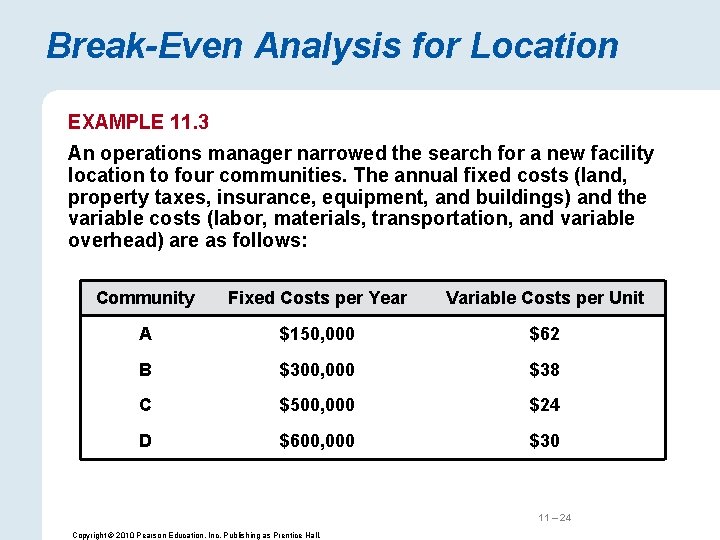 Break-Even Analysis for Location EXAMPLE 11. 3 An operations manager narrowed the search for