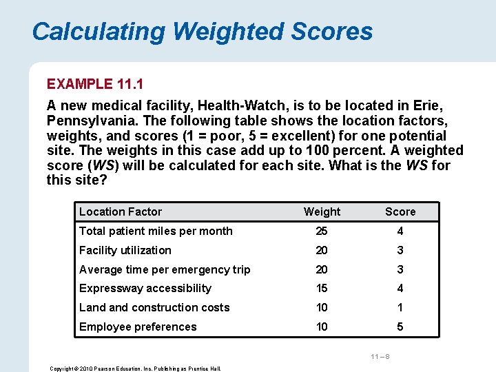 Calculating Weighted Scores EXAMPLE 11. 1 A new medical facility, Health-Watch, is to be