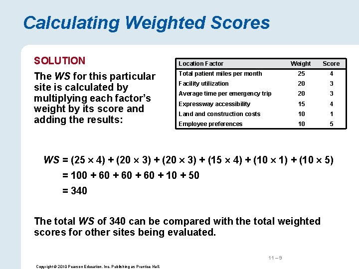 Calculating Weighted Scores SOLUTION The WS for this particular site is calculated by multiplying