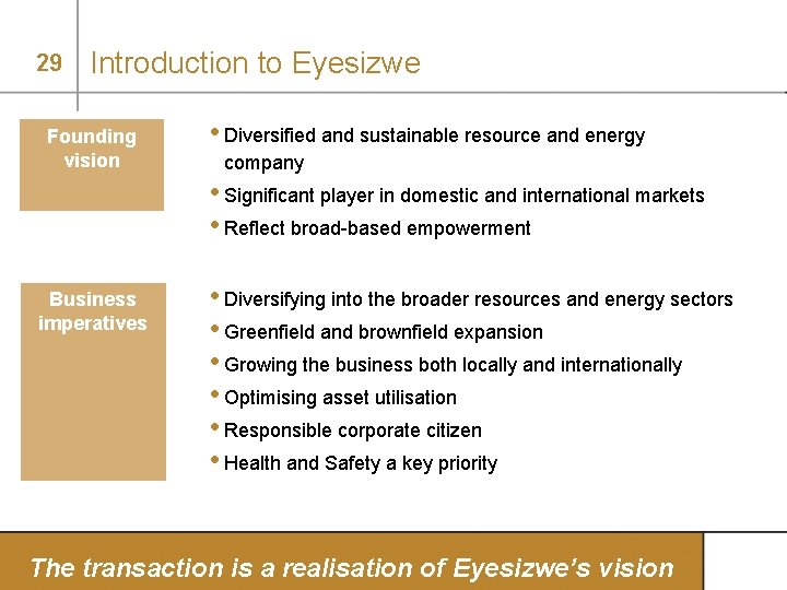 29 Introduction to Eyesizwe Founding vision • Diversified and sustainable resource and energy company