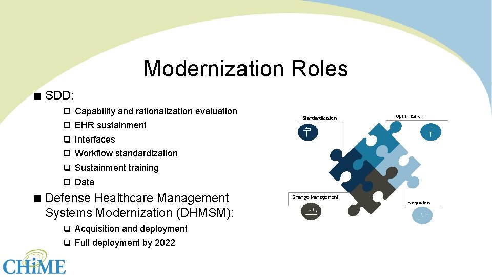 Modernization Roles ∎ SDD: q Capability and rationalization evaluation q EHR sustainment Standardization Optimization