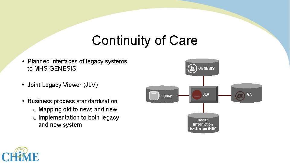 Continuity of Care • Planned interfaces of legacy systems to MHS GENESIS • Joint