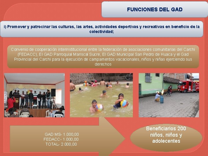 FUNCIONES DEL GAD i) Promover y patrocinar las culturas, las artes, actividades deportivas y