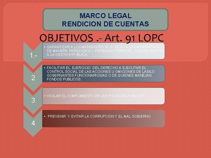 MARCO LEGAL RENDICION DE CUENTAS 1. 2 3 • GARANTIZAR A LOS MANDANTES EL