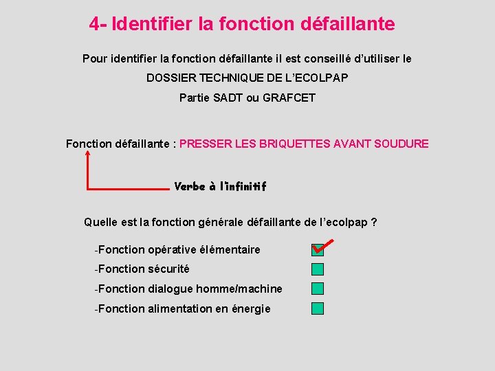 4 - Identifier la fonction défaillante Pour identifier la fonction défaillante il est conseillé