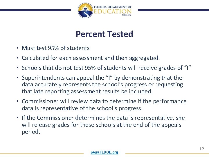 Percent Tested • Must test 95% of students • Calculated for each assessment and