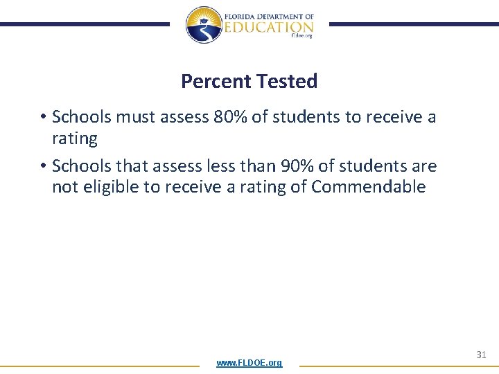 Percent Tested • Schools must assess 80% of students to receive a rating •