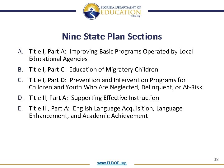 Nine State Plan Sections A. Title I, Part A: Improving Basic Programs Operated by