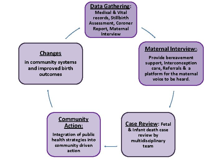 Data Gathering: Medical & Vital records, Stillbirth Assessment, Coroner Report, Maternal Interview Changes in