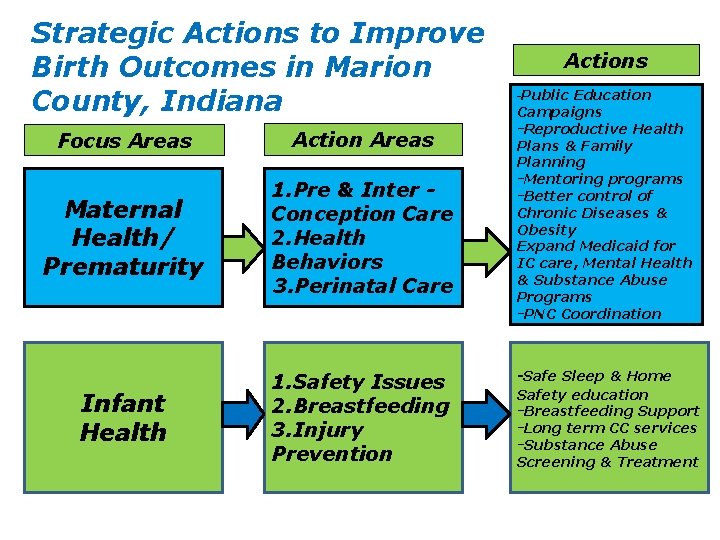 Strategic Actions to Improve Birth Outcomes in Marion County, Indiana Focus Areas Action Areas