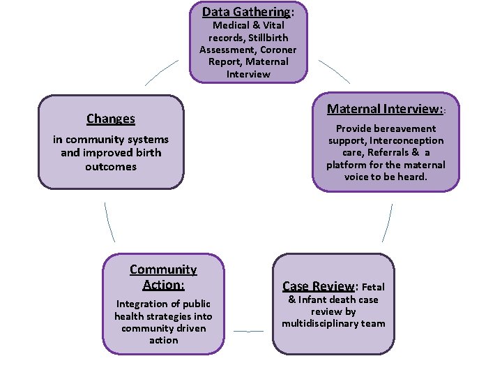 Data Gathering: Medical & Vital records, Stillbirth Assessment, Coroner Report, Maternal Interview Changes in