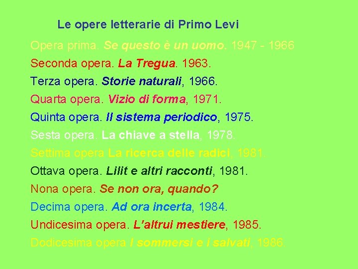 Le opere letterarie di Primo Levi Opera prima. Se questo è un uomo. 1947