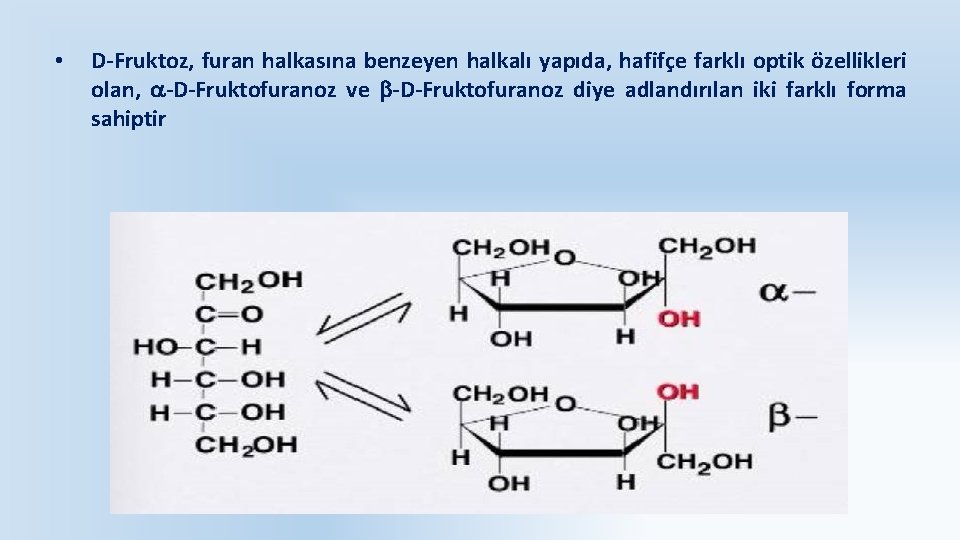  • D-Fruktoz, furan halkasına benzeyen halkalı yapıda, hafifçe farklı optik özellikleri olan, -D-Fruktofuranoz