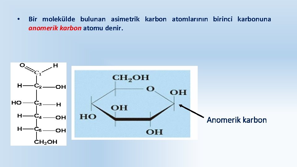  • Bir molekülde bulunan asimetrik karbon atomlarının birinci karbonuna anomerik karbon atomu denir.