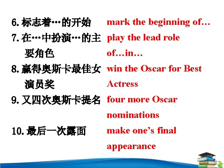 6. 标志着…的开始 mark the beginning of… 7. 在…中扮演…的主 play the lead role of…in… 要角色