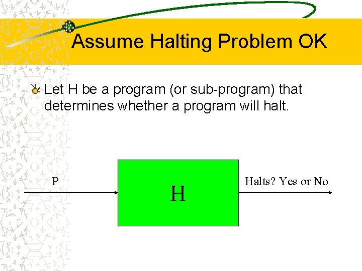 Assume Halting Problem OK Let H be a program (or sub-program) that determines whether