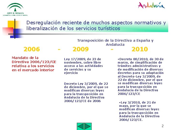 Desregulación reciente de muchos aspectos normativos y liberalización de los servicios turísticos 2006 Mandato