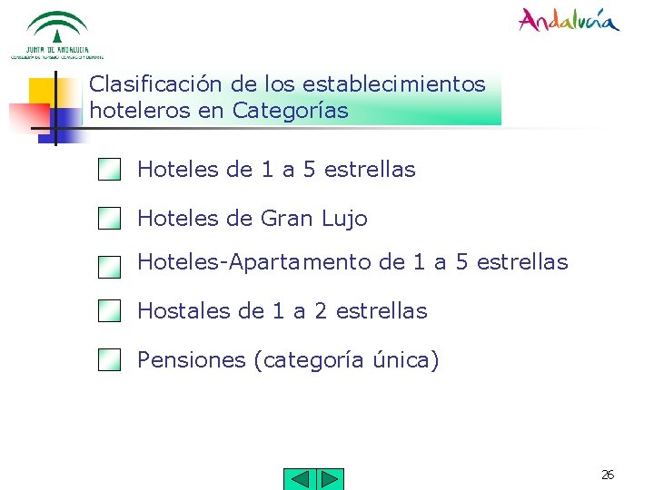 Clasificación de los establecimientos hoteleros en Categorías Hoteles de 1 a 5 estrellas Hoteles