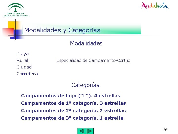 Modalidades y Categorías Modalidades Playa Rural Especialidad de Campamento-Cortijo Ciudad Carretera Categorías Campamentos de