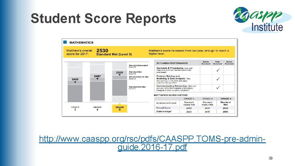 Student Score Reports http: //www. caaspp. org/rsc/pdfs/CAASPP. TOMS-pre-adminguide. 2016 -17. pdf 39 