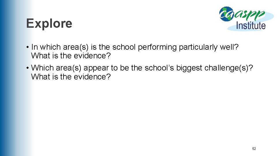 Explore • In which area(s) is the school performing particularly well? What is the