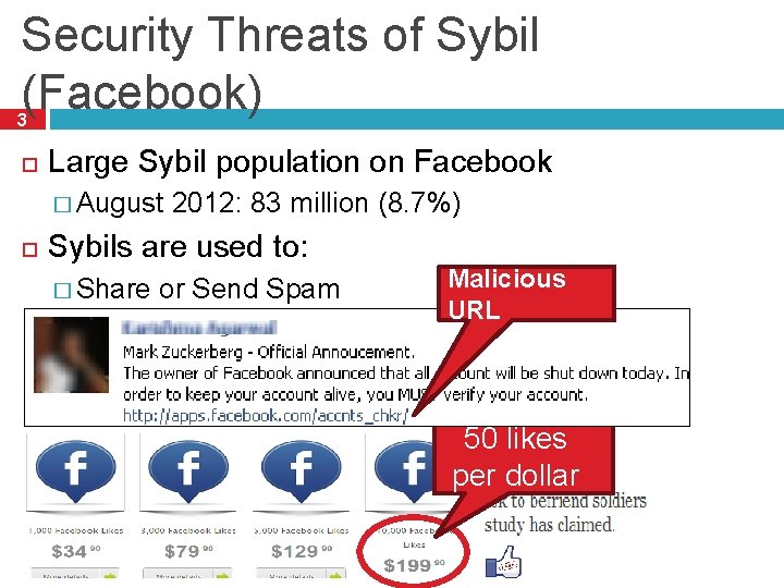 Security Threats of Sybil (Facebook) 3 Large Sybil population on Facebook � August 2012: