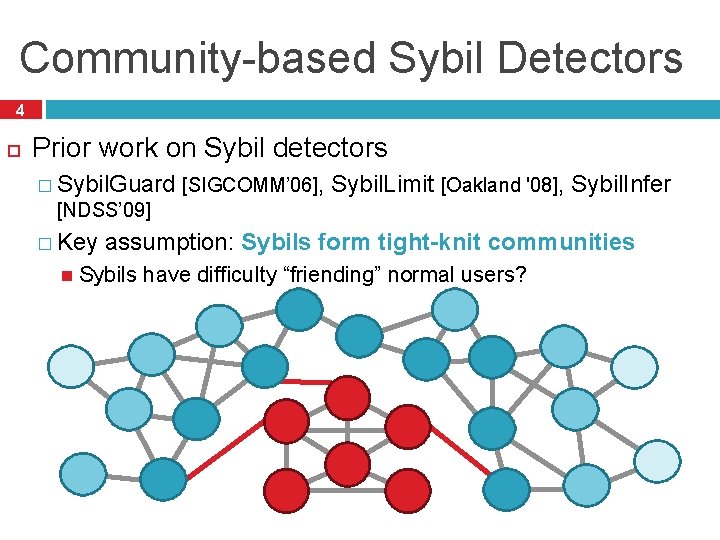 Community-based Sybil Detectors 4 Prior work on Sybil detectors � Sybil. Guard [SIGCOMM’ 06],