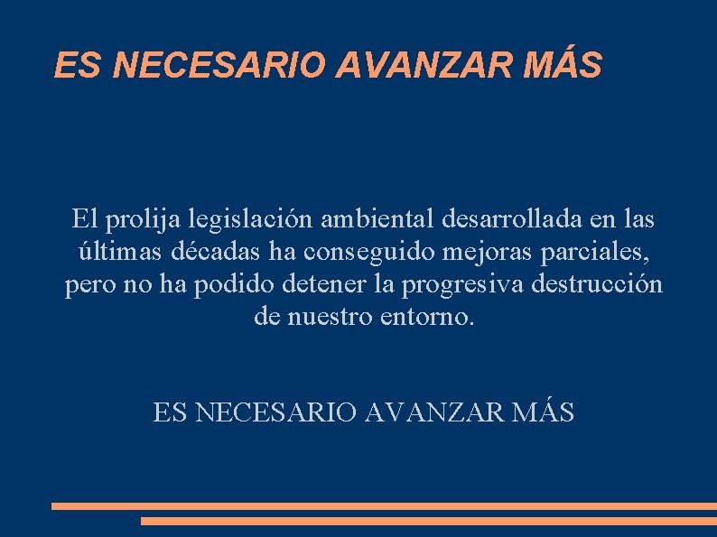 ES NECESARIO AVANZAR MÁS El prolija legislación ambiental desarrollada en las últimas décadas ha