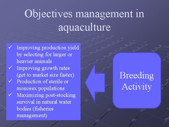 Objectives management in aquaculture ü Improving production yield by selecting for larger or heavier