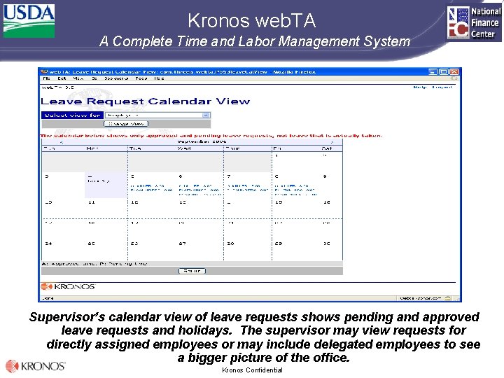 Kronos web. TA A Complete Time and Labor Management System Supervisor’s calendar view of