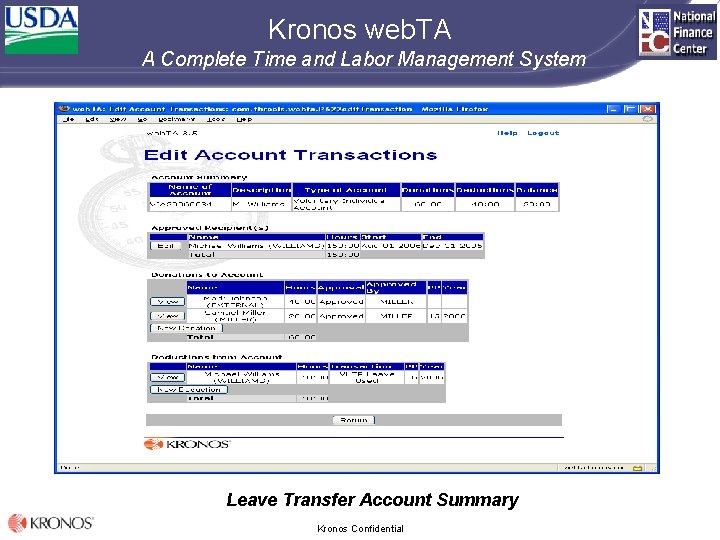Kronos web. TA A Complete Time and Labor Management System Leave Transfer Account Summary