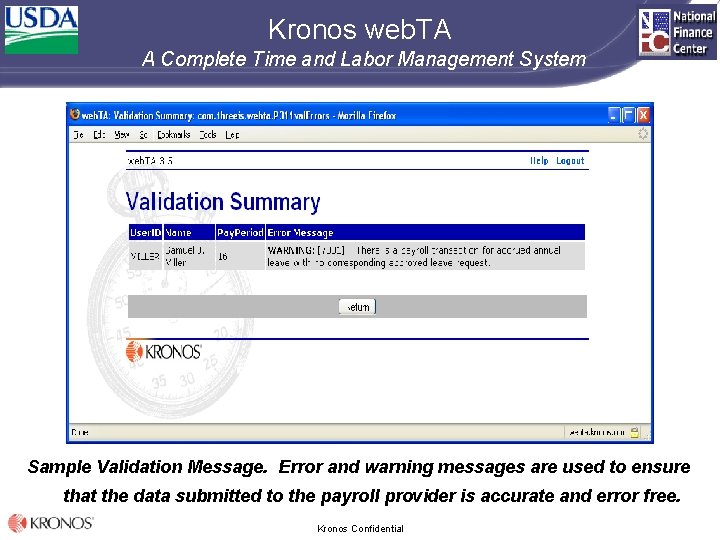 Kronos web. TA A Complete Time and Labor Management System Sample Validation Message. Error