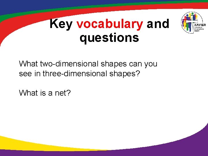 Key vocabulary and questions What two-dimensional shapes can you see in three-dimensional shapes? What