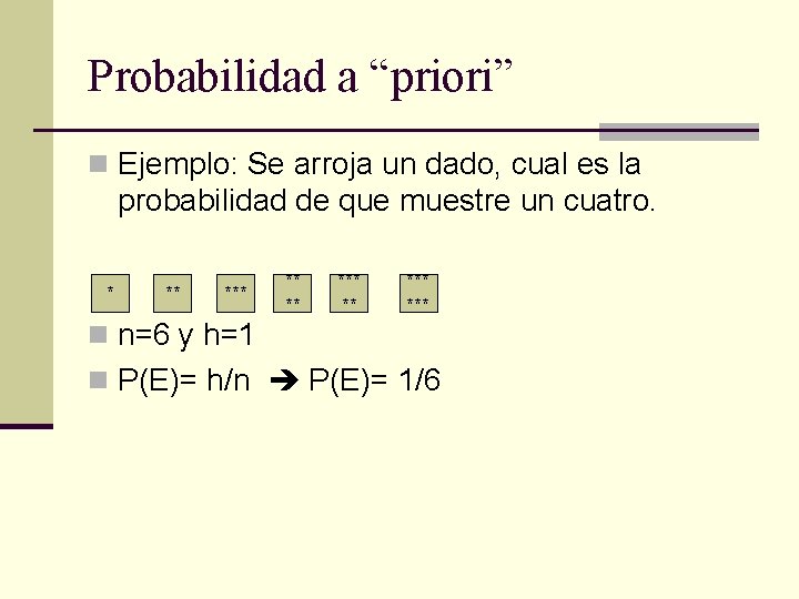 Probabilidad a “priori” n Ejemplo: Se arroja un dado, cual es la probabilidad de