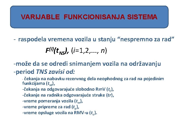 VARIJABLE FUNKCIONISANJA SISTEMA - raspodela vremena vozila u stanju “nespremno za rad” F(i)(t. NS),