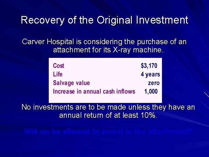 Recovery of the Original Investment Carver Hospital is considering the purchase of an attachment