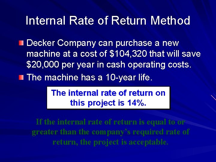 Internal Rate of Return Method Decker Company can purchase a new machine at a