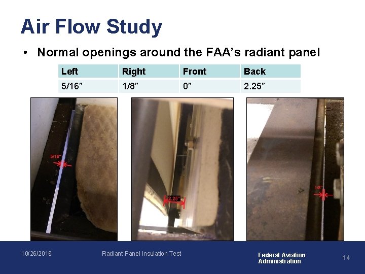 Air Flow Study • Normal openings around the FAA’s radiant panel 10/26/2016 Left Right